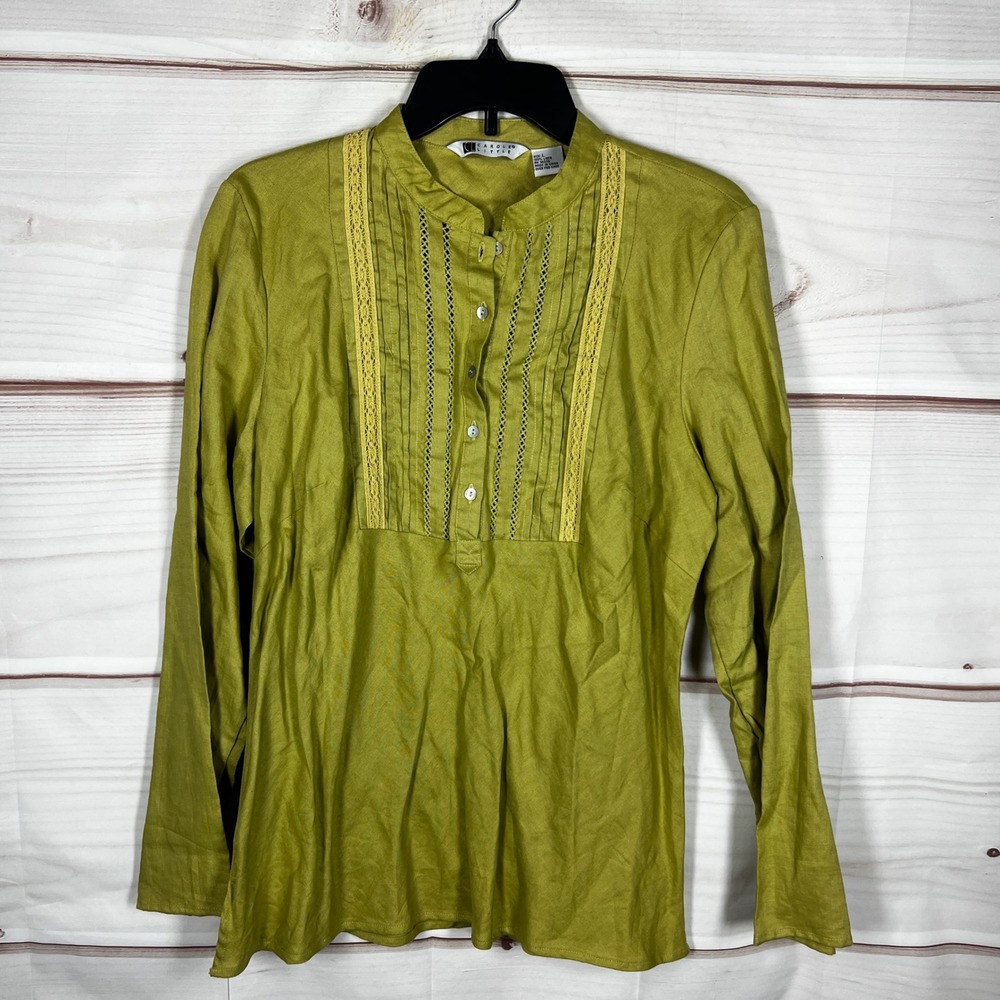 Carole Little Linen Blouse Womens Large Green Solid Lace Pintuck Henley Top Boho
